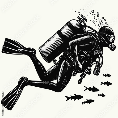 hand drawn scuba diver silhouette