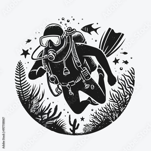 hand drawn scuba diver silhouette