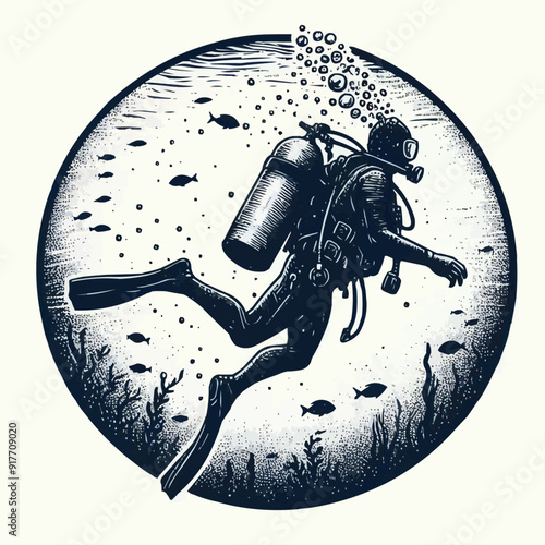 hand drawn scuba diver silhouette