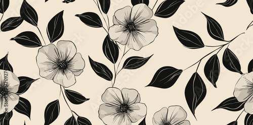 Elegant black and white floral pattern with large flowers and leaves on a beige background.  This seamless design is perfect for fashion, home decor, and digital projects.
