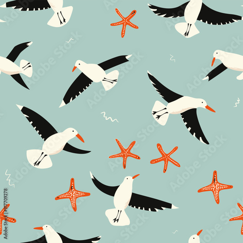 Seamless pattern with white seagulls, starfish and waves on a turquoise background. This vector design is perfect for textile, wallpaper, packaging and other surface design applications.