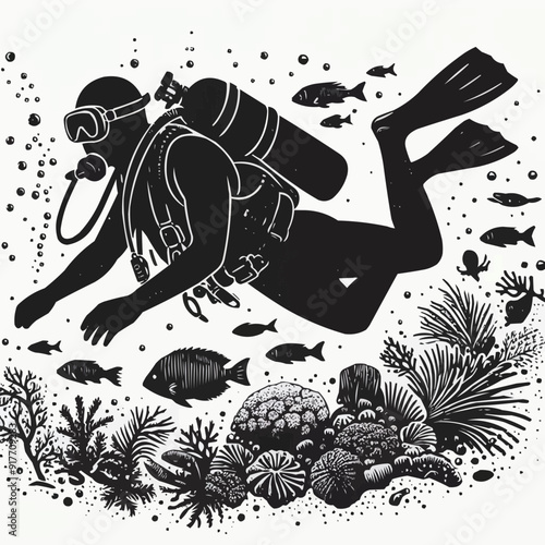 hand drawn scuba diver silhouette