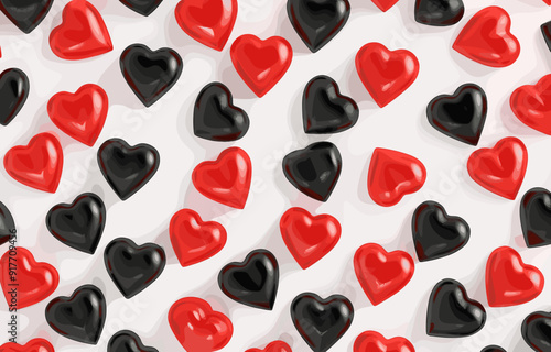 A repeating pattern of red and black hearts, arranged in a staggered fashion on a white background, creating a visually appealing and symbolic design.