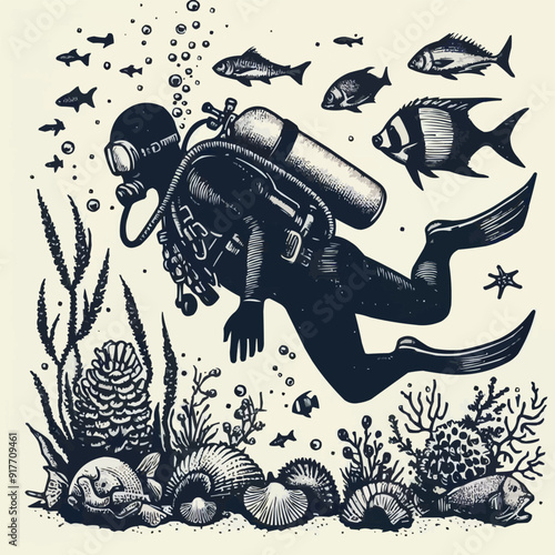 hand drawn scuba diver silhouette