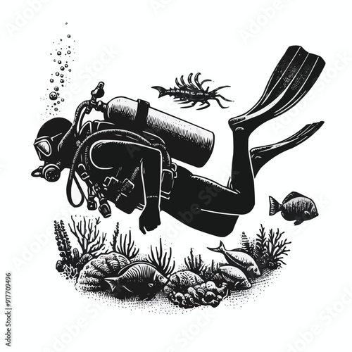 hand drawn scuba diver silhouette