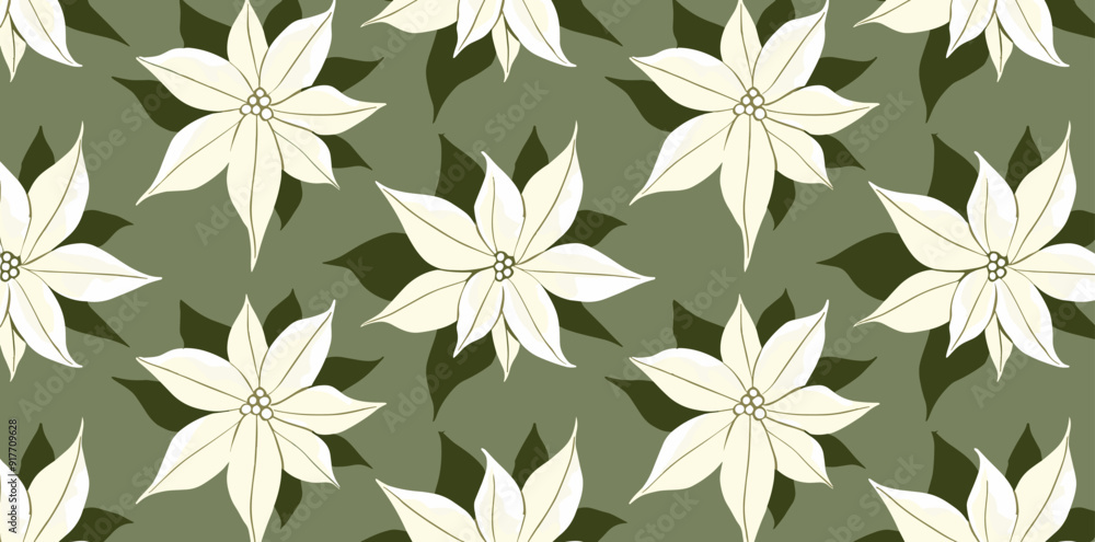 Fototapeta premium Seamless pattern of white poinsettia flowers on a green background, perfect for festive designs.