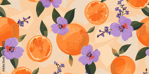 A vibrant seamless pattern featuring juicy oranges and delicate purple flowers against a warm background. Perfect for summery designs, textiles, and home décor.