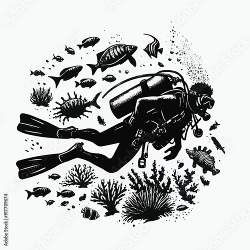 hand drawn scuba diver silhouette
