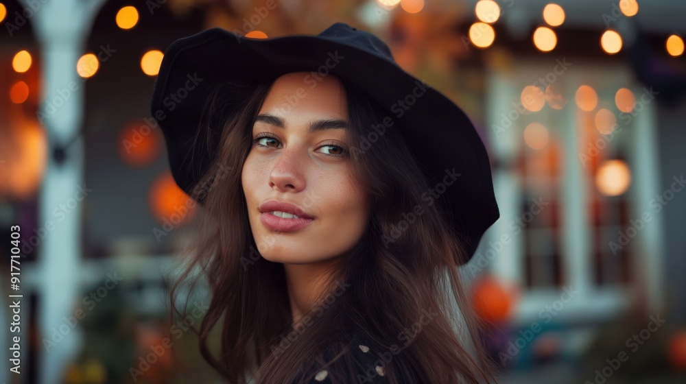 A woman wearing a black hat poses outdoors with warm lights in the background, creating a cozy evening ambiance. A woman wearing a black hat poses outdoors with warm lights in the background, creating a cozy evening ambiance.