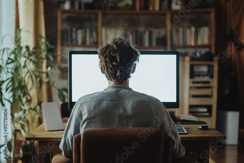 man is sitting at a desk with a computer monitor in front of him. The room is filled with bookshelves and a potted plant. The man is focused on his work, possibly typing or browsing the internet