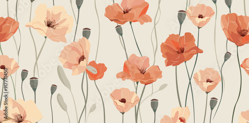A seamless pattern of delicate peach and orange poppies with soft green stems and seed pods on a light beige background. The floral design is perfect for wallpaper, fabric, or packaging.