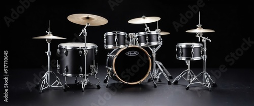 Miniature drum set on black background, perfect for music themed projects