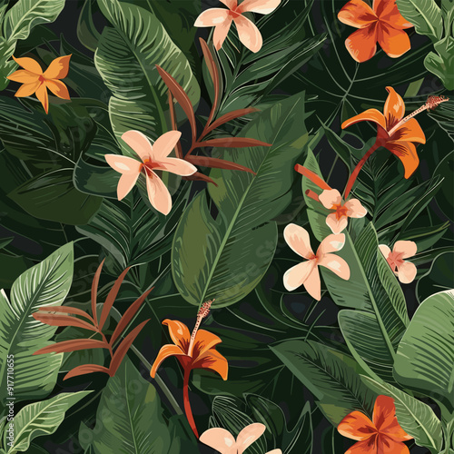 A vibrant tropical print featuring a seamless pattern of lush green leaves delicate peach blossoms and vibrant orange flowers. The intricate detail and vivid colors evoke a sense of paradise