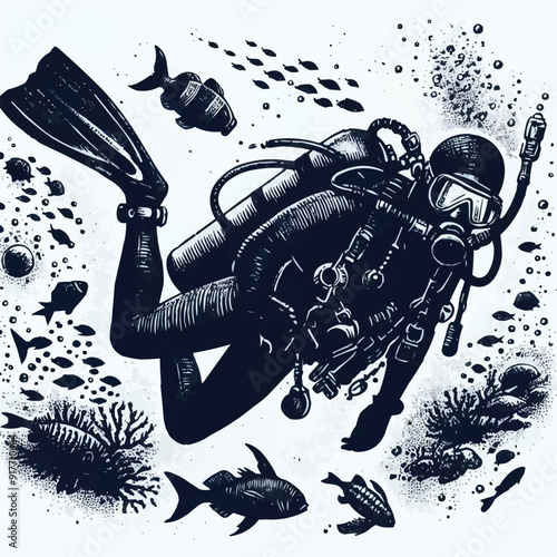 hand drawn scuba diver silhouette