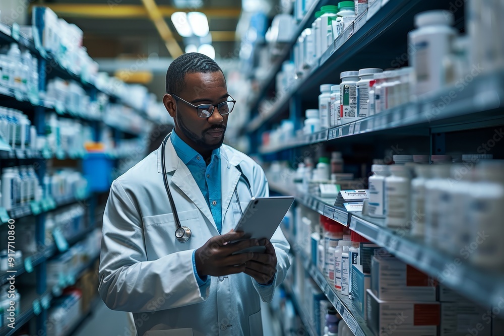 Pharmacist Using Digital Tablet For Inventory Management In Pharmacy With Shelves Full Of Medicine Pharmacist Using Digital Tablet For Inventory Management In Pharmacy With Shelves Full Of Medicine