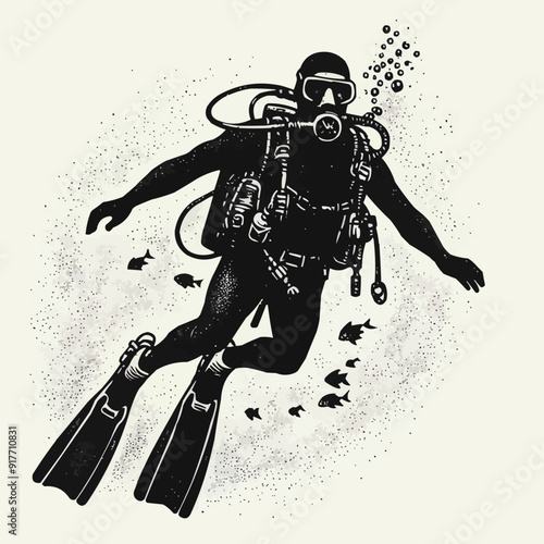 hand drawn scuba diver silhouette