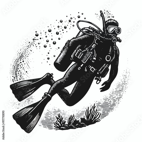 hand drawn scuba diver silhouette
