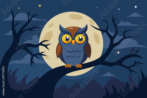 A cute owl perched on a spooky tree branch vector illustration photo