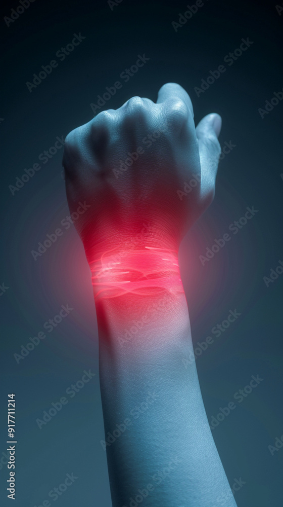 Acute pain in a woman wrist, colored in red on dark blue background Acute pain in a woman wrist, colored in red on dark blue background