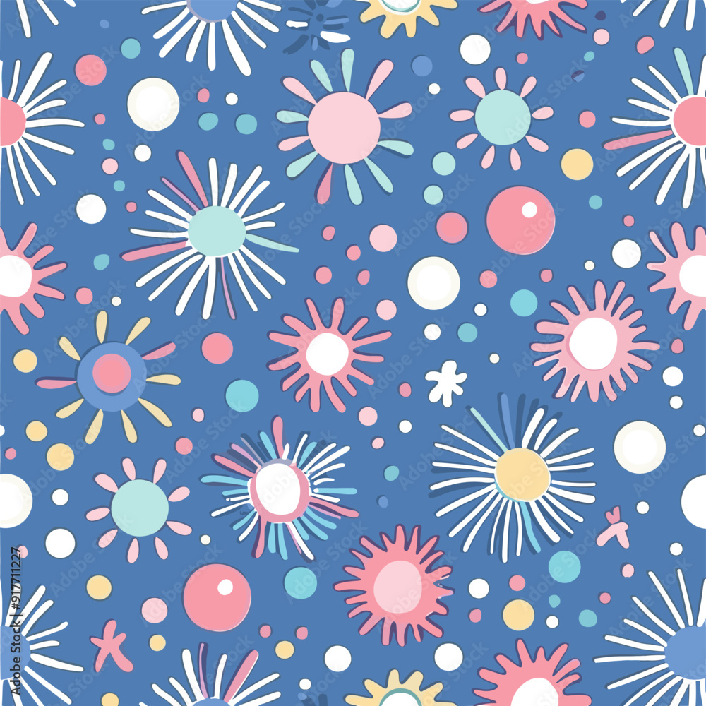 Seamless pattern with colorful abstract flowers on blue background. Perfect for textile fabric wallpaper wrapping paper and any design project Seamless pattern with colorful abstract flowers on blue background. Perfect for textile fabric wallpaper wrapping paper and any design project