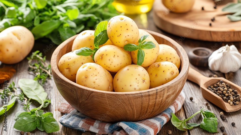 Freshly harvested potatoes in a wooden bowl, surrounded by herbs and spices, perfect for healthy cooking and recipes. Freshly harvested potatoes in a wooden bowl, surrounded by herbs and spices, perfect for healthy cooking and recipes.