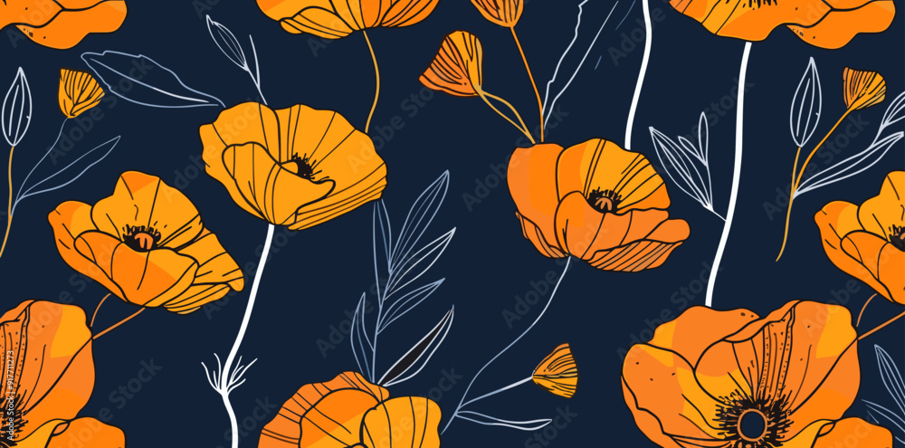 Seamless pattern with hand-drawn orange poppy flowers and white stems on a navy blue background. Perfect for textile wallpaper or digital designs Seamless pattern with hand-drawn orange poppy flowers and white stems on a navy blue background. Perfect for textile wallpaper or digital designs