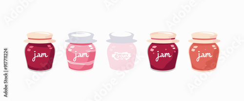 Five jars of jam in different colors and flavors each with a white label that reads "jam".