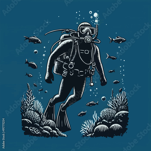 hand drawn scuba diver silhouette