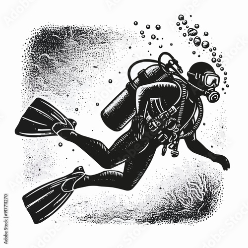 hand drawn scuba diver silhouette