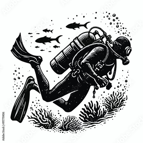 hand drawn scuba diver silhouette