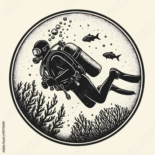 hand drawn scuba diver silhouette