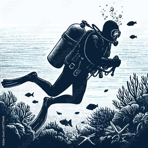 hand drawn scuba diver silhouette