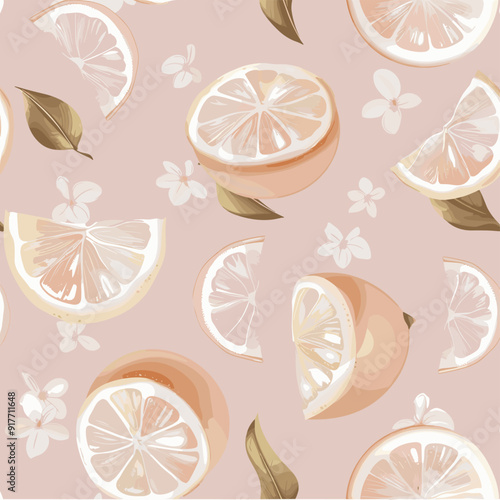Seamless pattern with pastel pink lemons, leaves, and white flowers on a light pink background. Perfect for summery designs, textiles, packaging, and branding.