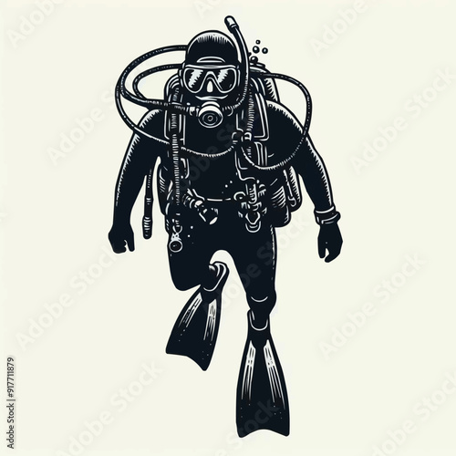 hand drawn scuba diver silhouette