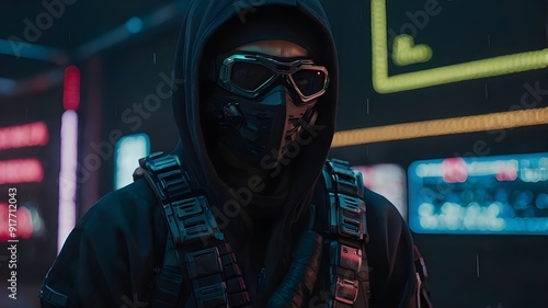 futuristic ninja samurai potrait standing in cyberpunk science fiction city at night, rain falling, neon lights, concept art digital,, cyberpunk anime wearing Japanese demon masks
 photo