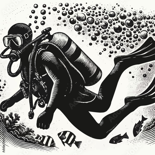 hand drawn scuba diver silhouette