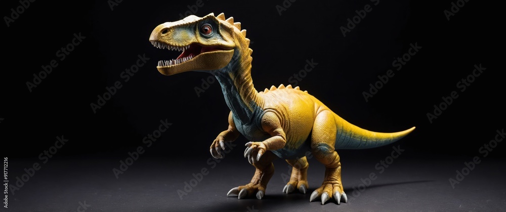 Fototapeta premium A vibrant toy dinosaur on a black background, ideal for educational or decorative use