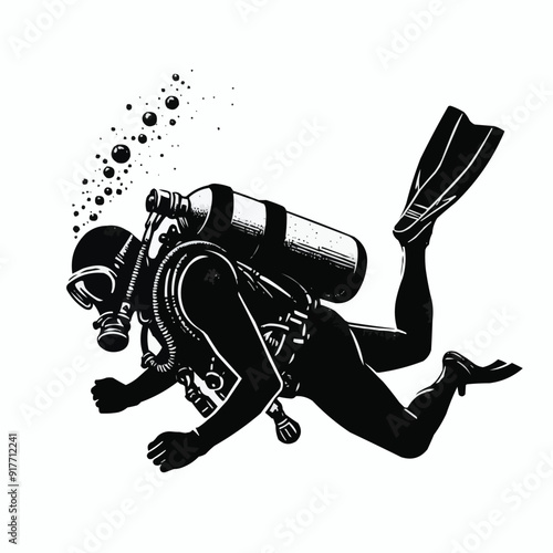 hand drawn scuba diver silhouette
