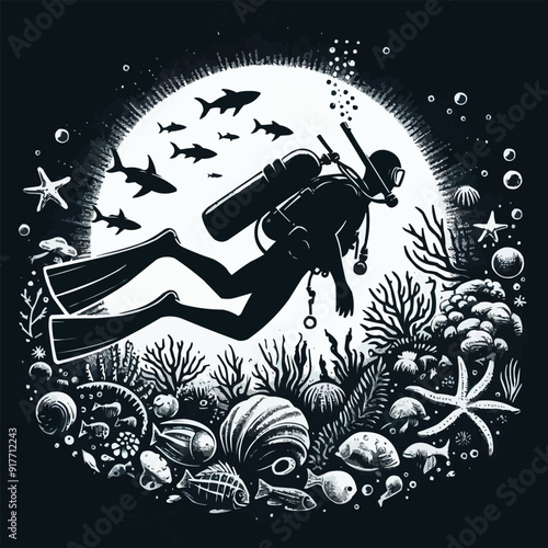 hand drawn scuba diver silhouette