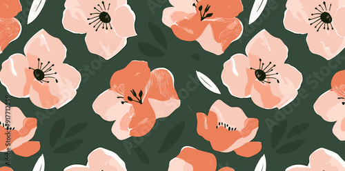 A seamless pattern of soft pink and peach floral blooms on a deep forest green background, perfect for textile design, wrapping paper or wallpaper.