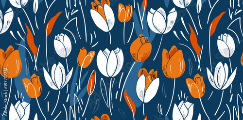 Seamless pattern of white and orange tulips on a dark blue background. The pattern is perfect for creating backgrounds, textiles, or other designs.