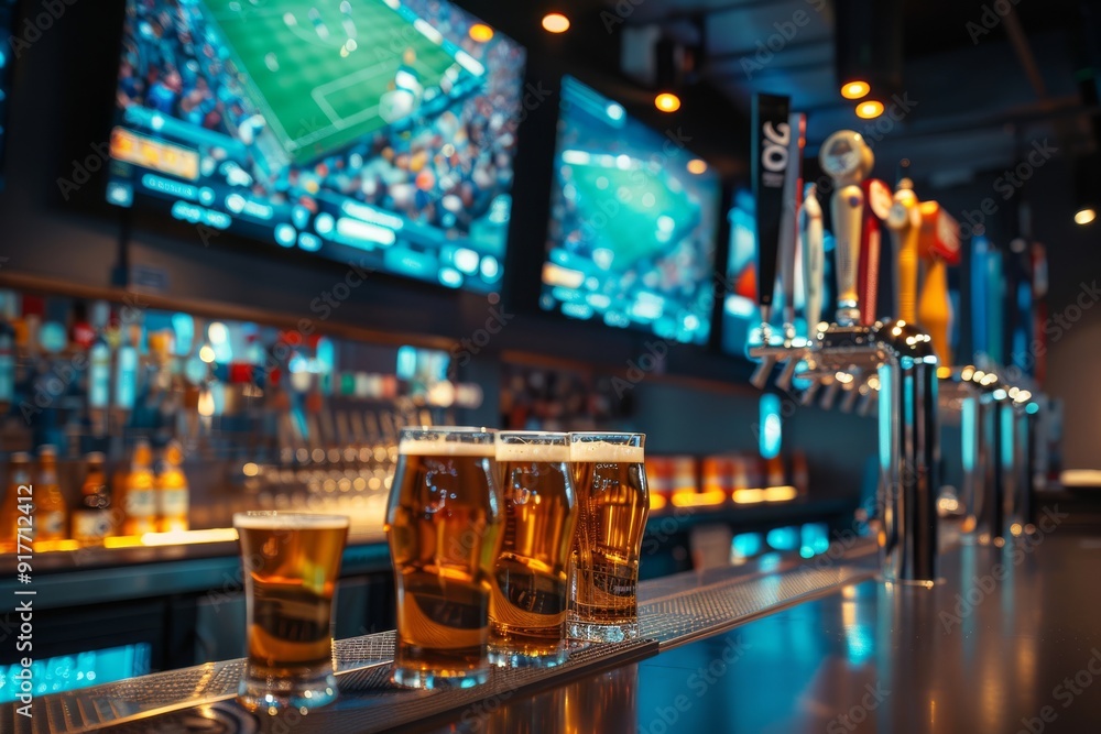 A bar counter with taps and beer cups in the background romanized screen of a football match and bar