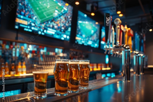Obraz na płótnie A bar counter with taps and beer cups in the background romanized screen of a football match and bar w salonie