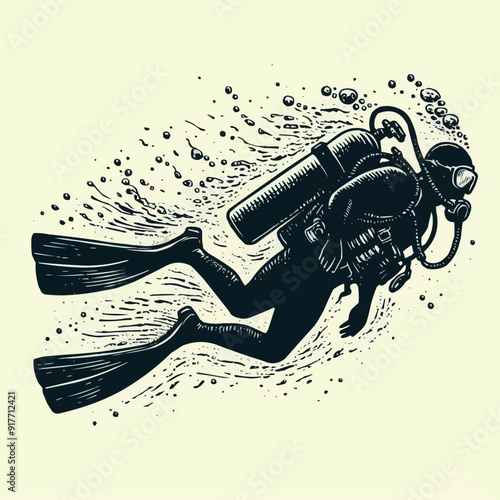 hand drawn scuba diver silhouette