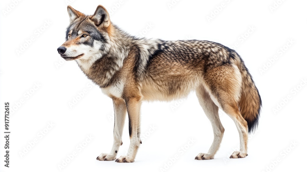 A European grey wolf standing tall and alert, isolated on a white background, its sharp features and wild nature captured in detail. A European grey wolf standing tall and alert, isolated on a white background, its sharp features and wild nature captured in detail.