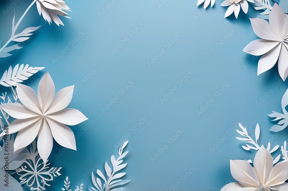 Paper-Cut Floral Design on a Blue Background with Clear Space for Wedding Decorations. Made with Generative AI Technology Paper-Cut Floral Design on a Blue Background with Clear Space for Wedding Decorations. Made with Generative AI Technology
