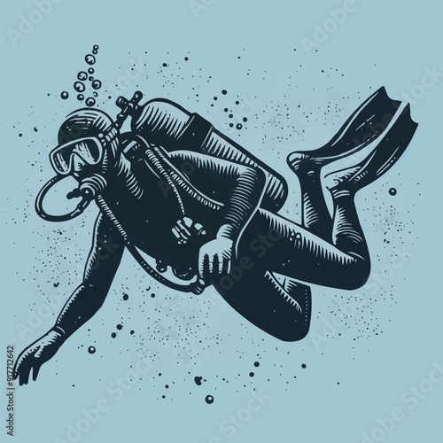 hand drawn scuba diver silhouette