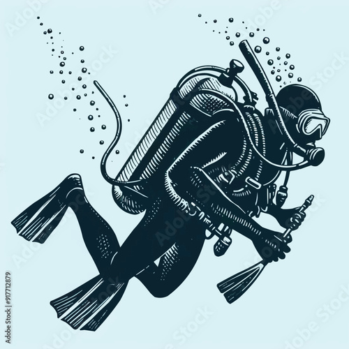 hand drawn scuba diver silhouette