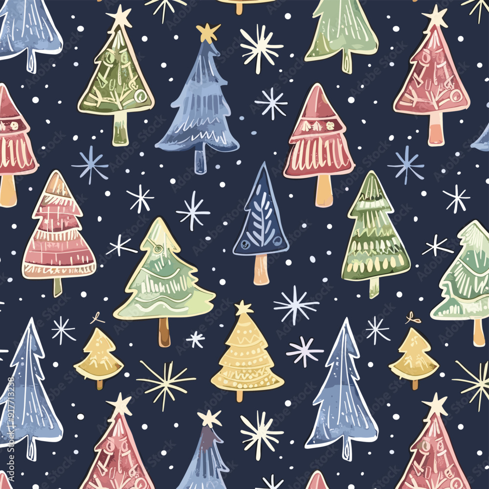 Watercolor Christmas tree seamless pattern with snowflakes on dark blue background. Perfect for winter holidays wrapping paper textile or festive design Watercolor Christmas tree seamless pattern with snowflakes on dark blue background. Perfect for winter holidays wrapping paper textile or festive design