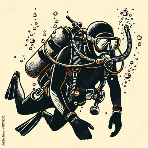 hand drawn scuba diver silhouette